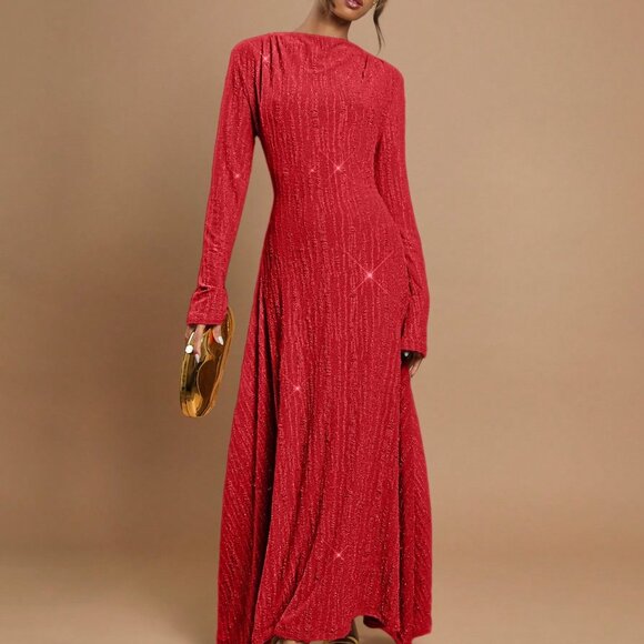 Red Party Women's Stand Collar Long Sleeve Sparkling Luxury Long Dress - Picture 3 of 5